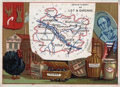 Lot et Garonne (Lot-et-Garonne, 47), Aquitaine, Frankrijk. Tabaksfabriek, kalkoenkwekerij, wijn, kurken, pruimen, brandewijn, terpentijn. Portret van Bernard Germain Etienne de Laville-sur-Illon, Graaf van Lacepede (of de la Cepede) door French School