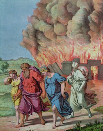Lots vrouw kijkt terug naar Sodom en verandert in een zoutpilaar, illustratie voor een catechismus door French School