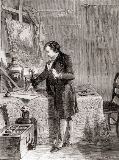 Louis-Jacques-Mandé Daguerre die het daguerreotypie-fotografische proces uitvindt in de 19e eeuw, uit Les Merveilles de la Science, gepubliceerd ca. 1870 (gravure) door French School