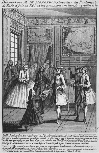 Louis Basile Carré de Montgeron biedt zijn boek over Diaken François de Paris en de Convulsionairen van Saint-Médard aan Koning Lodewijk XV aan, 1737 door French School
