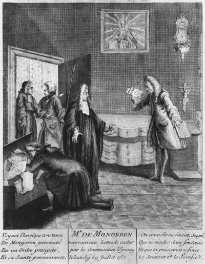 Louis Basile Carré de Montgeron ontvangt een lettre de cachet van Koning Lodewijk XV, 1737 door French School