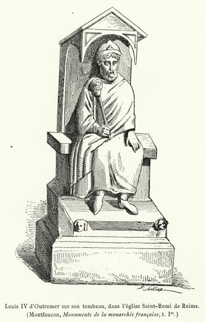 Lodewijk IV van Overzee op zijn graf, in de kerk Saint-Remi van Reims (gravure) door French School