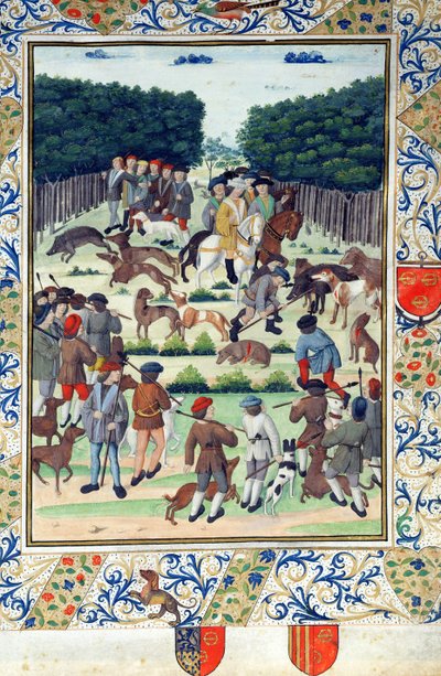 Louis Malet (1441-1516) Seigneur de Graville, op wilde zwijnenjacht, uit de Terrier de Marcoussis, na 1493 door French School
