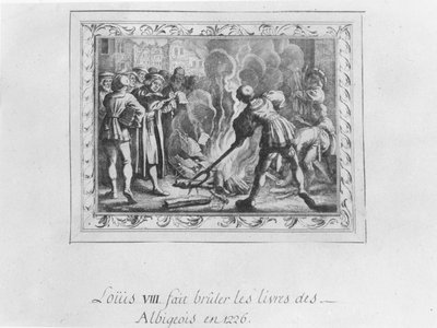 Lodewijk VIII verbrandt de Albigenzische boeken in 1226 (gravure) door French School