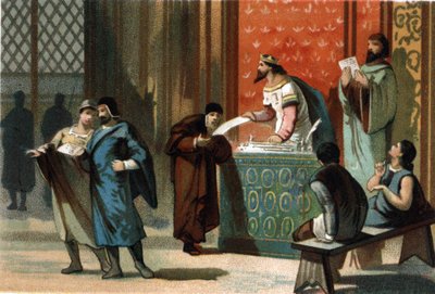 Lodewijk VI genaamd Le Gros (1081-1137) gaf de postcharters van de gemeenten. Chromolithografie rond 1890. door French School