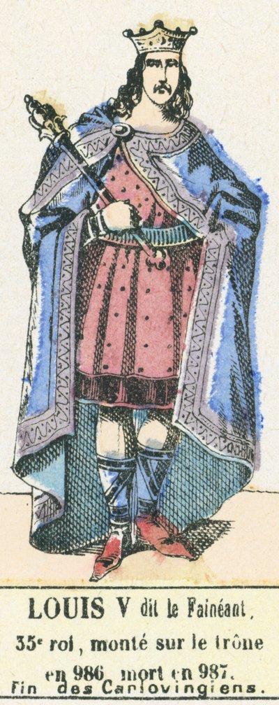 Lodewijk V, 35e koning, besteeg de troon in 986, stierf in 987, Einde van de Karolingen door French School
