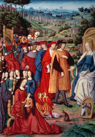 Lodewijk XII, Kardinaal Georges van Amboise (1462-1515), Anna van Bretagne en Claude van Frankrijk, uit Remedies and Fortunes door Petrarca, 1503 door French School