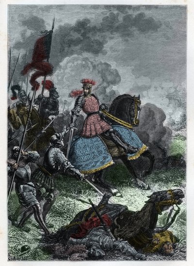 Lodewijk XII bij de Slag bij Agnadel nabij Crema in Lombardije gewonnen door de Koning van de Venetianen op 14 mei 1509 - Slag bij Agnadello - Lodewijk XII van Frankrijk verslaat de Venetianen - gravure uit 