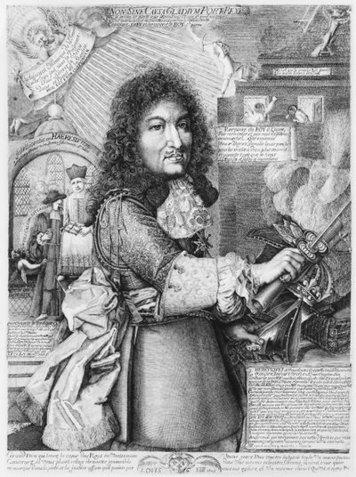 Lodewijk XIV (1638-1715) verplettert de zogenaamde Protestantse Gereformeerde religie met zijn zwaard, 1685 door French School