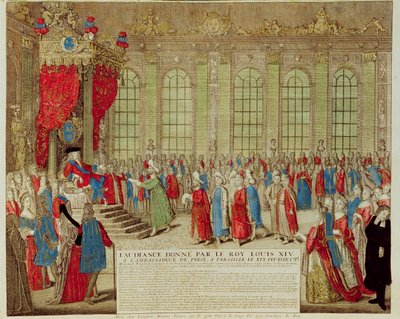 Lodewijk XIV (1638-1715) ontvangt de Perzische ambassadeur Mohammed Reza Beg in de Spiegelzaal van Versailles, 19 februari 1715 door French School