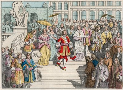 Lodewijk XIV en zijn hof in Versailles - Lodewijk XIV van Frankrijk en zijn hof in Versailles - Gravure van het einde van de 19e eeuw in 