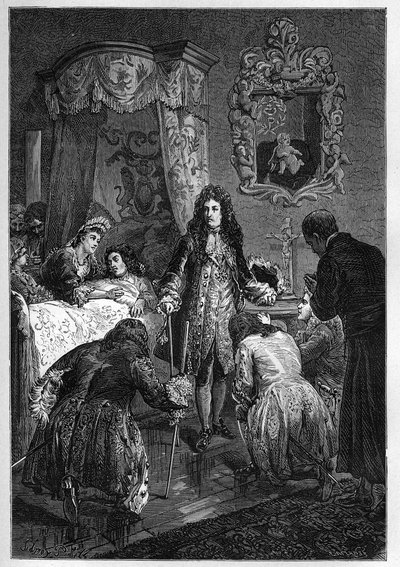 Lodewijk XIV bezoekt Jacobus II op zijn sterfbed - Bezoek van Lodewijk XIV koning van Frankrijk aan Jacobus II van Engeland (James II Stuart) (1633-1701) stervende - Gravure in 