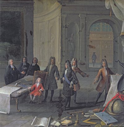 Lodewijk XIV woont een les bij van zijn achterkleinzoon, de toekomstige Lodewijk XV, ca. 1715 door French School