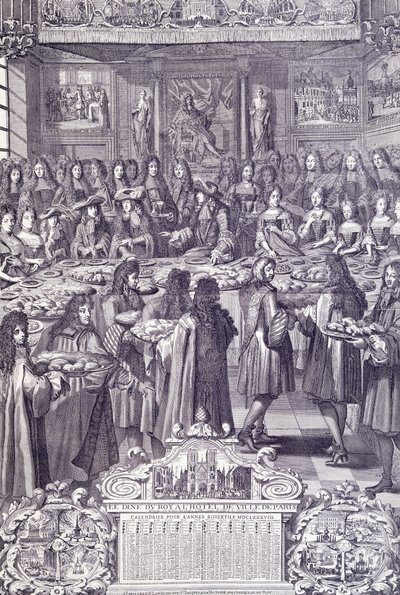 Lodewijk XIV, liefde en vreugde van zijn volk, gravure uit Almanacco door French School