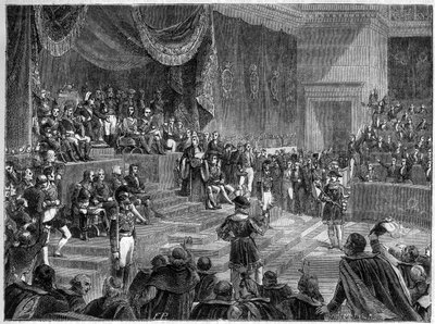 Lodewijk XVIII en de oprichting van de Constitutionele Monarchie - Constitutionele Handvest van 4 juni 1814 - Lodewijk XVIII zit de opening van de zitting van de Kamers voor op 4 juni 1814 in het Palais Bourbon in Parijs - in 