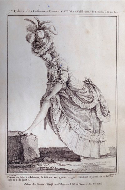 Louis XVI mode: een voetportret van een jonge vrouw in een Poolse jurk van gestreepte tafzijde. Gravure uit 1778. Parijs, decoratieve kunsten door French School