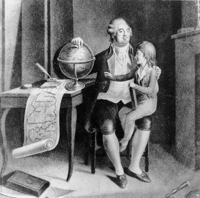 Lodewijk XVI geeft aardrijkskunde aan de Dauphin (litho) door French School