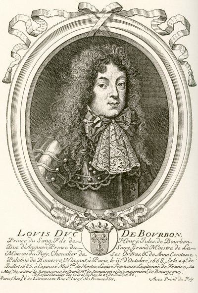 Louis de Bourbon, Prins van Condé, 1668 - 1710. Prins van het bloed aan het Franse hof van Lodewijk XIV. Uit Les Heures Libres gepubliceerd 1908. door French School