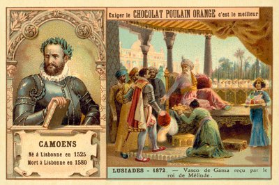 Luis de Camoes, Portugese dichter, en een scène uit zijn gedicht De Lusiaden, waarin Vasco da Gama wordt ontvangen door de koning van Malindi door French School