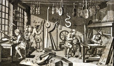 Werkplaats van de Luthier. Gravure - in Encyclopedie van Diderot en Alembert door French School