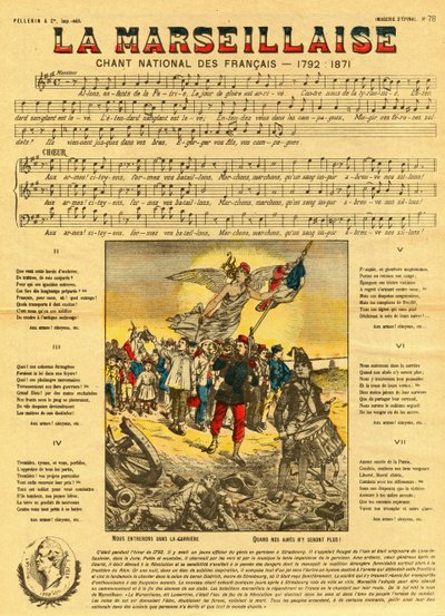 Liedtekst en muziek van de Marseillaise, het Franse volkslied gecomponeerd door Rouget de Lisle (Rouget de L
