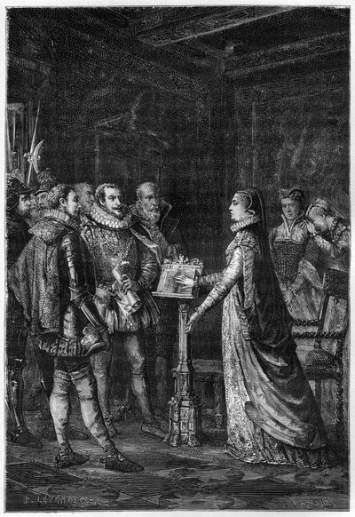 MARY STUART (1542-1587) Koningin van Schotland. Mary Stuart zweert dat ze nooit heeft samengezworen om het leven van koningin Elizabeth I van Engeland te nemen - gravure uit 