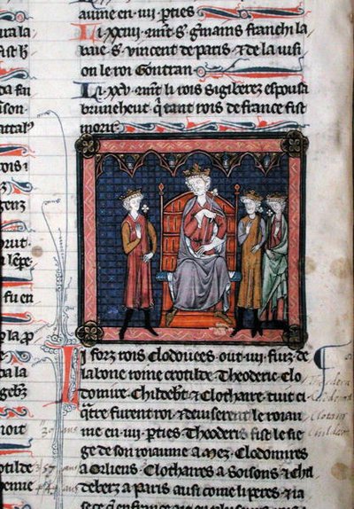 MS.782 Childeric II (ca. 650-675), Clodomir (ca. 495-524) en mogelijk Theodoric, afgebeeld onder de bescherming van koning Clotaire I (ca. 497-561), zittend op een troon, miniatuur uit de Chroniques de Saint-Denis door French School