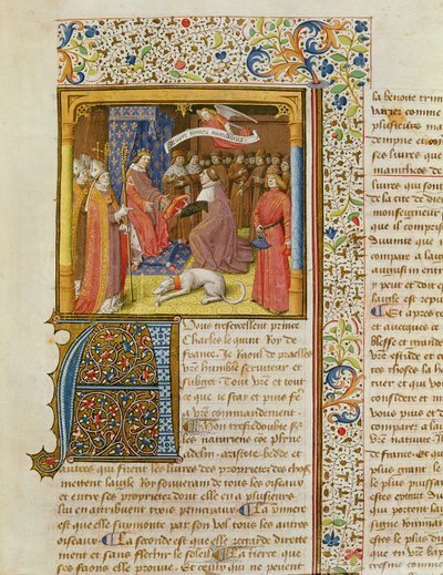 Raoul de Presles die zijn Vertaling aanbiedt aan Karel V (1338-80) uit La Cite de Dieu door St. Augustinus, vertaald door Raoul de Presles (1316-82) c.1400-50 door French School