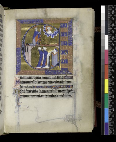 MS 300 f.107r, David bidt tot God (boven), twee geestelijken (onder), uit het Psalter en de Getijden van Isabella van Frankrijk, Parijs, ca. 1265-70 (pen en inkt en tempera op perkament) door French School