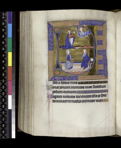 MS 300 f.125v, David bidt tot God (boven); God met bol en Christus met boek zittend op bank (onder), uit de Psalter en Getijden van Isabella van Frankrijk, Parijs, ca. 1265-70 door French School