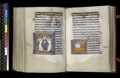 MS 300 f202v-203r, Voorbede tot St. Denis en Voorbede tot St. Eustachius, uit het Psalter en de Getijden van Isabella van Frankrijk, Parijs, c.1265-70 door French School