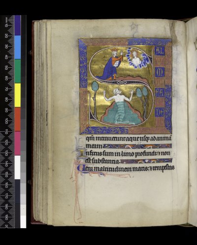 David bidt tot God, David zinkt in water (uit de Psalter en Uren van Isabella van Frankrijk) door French School