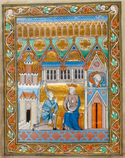 MS 300 fol.IIIv Koning David ontvangt het nieuws van Absaloms dood, uit de Psalter-Uren van Isabelle van Frankrijk, ca.1255 door French School