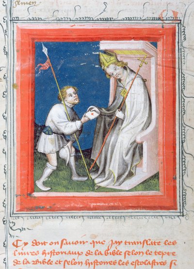 MS 313 Boodschapper die een brief van de koning van Frankrijk aan een bisschop geeft, miniatuur uit de Bijbel van Guiart des Moulins door French School
