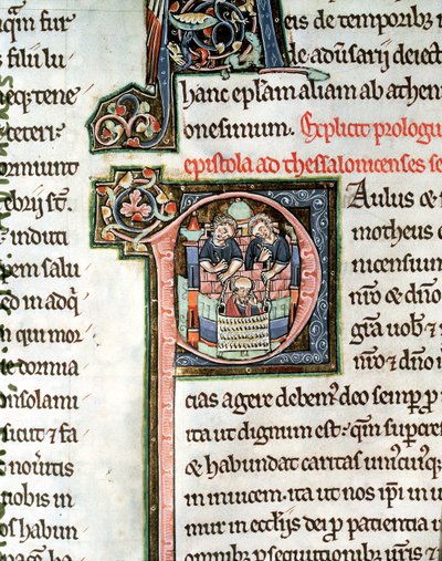 MS 3 Fol. 291v De ontsnapping van Sint Paulus uit Damascus, verluchte initiaal P, 13e eeuw, uit de Avranches Bijbel door French School
