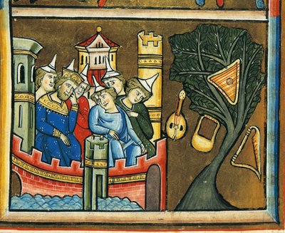 MS CXXXVII fol. 139v, Rouwende Joden in Babylon, uit het Psalter van Sint Elizabeth door French School
