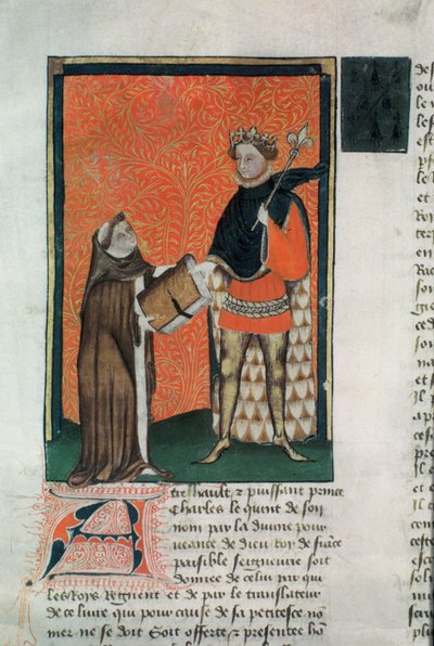 MS Hunter 8 f.9r De vertaler Courbichon presenteert het boek aan Karel V door French School