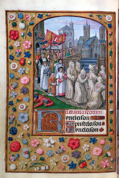 MS Vol. 137 f.136v De Processie van Paus Gregorius I (ca. 540-604) door Rome in 590, uit de litanieën van een Getijdenboek, Frans, begin 16e eeuw door French School