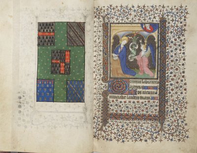 MS Widener 4, ff.26v-27r, Wapen en de Annunciatie, uit een Getijdenboek, gebruik van Rennes, c.1405 door French School