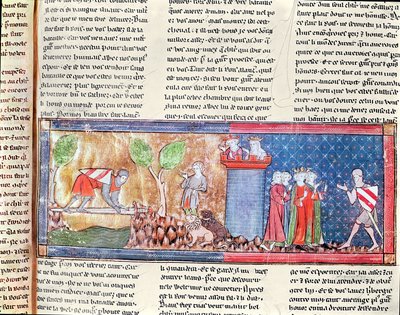 M. 806 f.166 Lancelot bewijst zijn liefde voor Guinevere door een rivier over te steken die is overbrugd door een scherp zwaard, uit de Roman de Lancelot du Lac, 1344 door French School