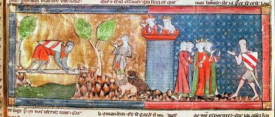 Lancelot bewijst zijn liefde voor Guinevere door een rivier over te steken die door een scherp zwaard wordt overspannen, uit de Roman de Lancelot du Lac, 1344 door French School