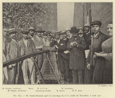 M Santos-Dumont na de redding van nr. 5, steeg van Trocadero, 8 augustus 1901 door French School