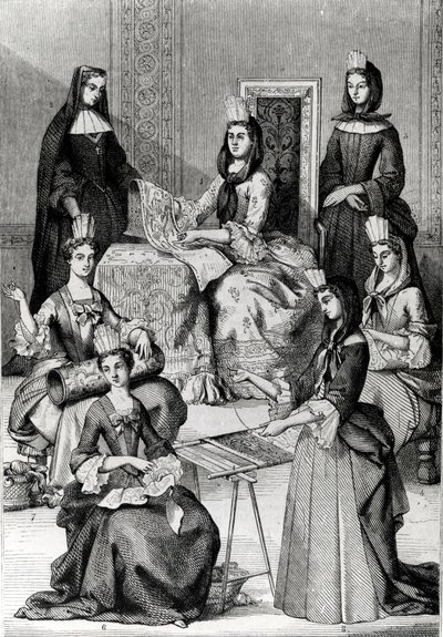 Madame de Maintenon met haar Hofdames door French School
