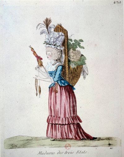 Madame van de Drie Staten. Een vrouw die elegant gekleed is en een mand met fruit en groenten draagt die de drie staten vertegenwoordigt ten tijde van de Franse revolutie door French School