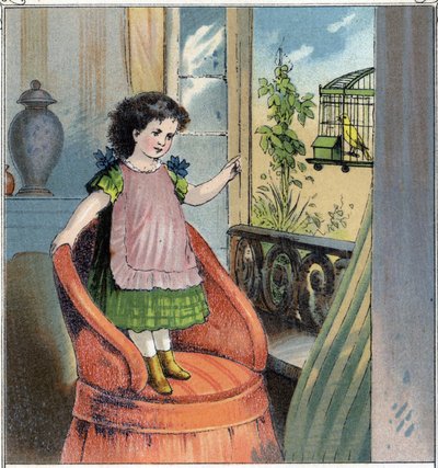 Madeleine, het kleine meisje, kreeg een serin voor haar verjaardag: deze zit in een kooi en ondanks de genegenheid die het kind voor hem heeft, betreurt hij zijn vrijheid en voelt zich een gevangene. Chromolithografie uit 