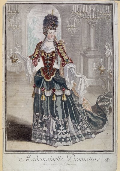 Juffrouw Desmatins, muzikant (zangeres) van de Opera - gravure door French School