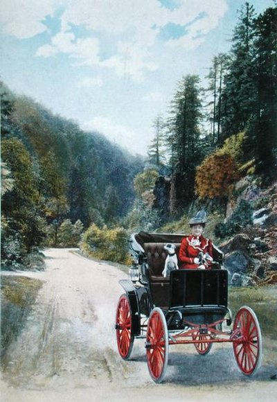 Mademoiselle Yahne in haar Cleveland-auto in Plombieres door French School