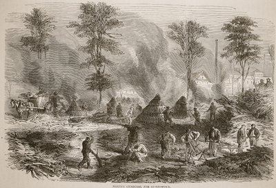 Houtskool maken voor buskruit, illustratie uit Cassells Geschiedenis van de Oorlog tussen Frankrijk en Duitsland, 1870-1871 door French School