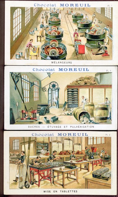 Chocolade maken, afbeelding ter promotie van de chocolade Moreuil, ca. 1900 door French School