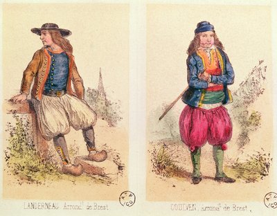 Mannenkostuums uit Landerneau en Goulven, uit Les Costumes Bretons de Sorrieu door French School